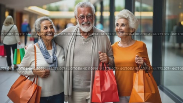Group of happy senior friends are enjoying shopping together at the mall. Стоковое AI-видео, аниматор Юрий Поздников / Фотобанк Лори