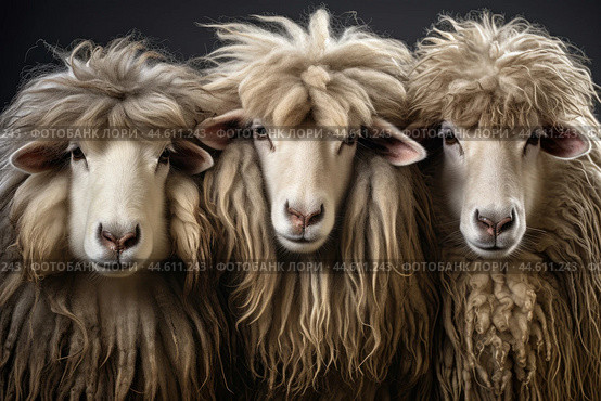 Group of long-haired sheeps close up. Стоковое AI-изображение, AI-художник Veniamin Kraskov / Фотобанк Лори