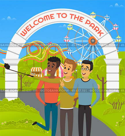 Group of male friends taking selfie and laughing. Selfie in amusement park. Men with phone on monopod are posing for self photo during joyride. Guys are photographed on backgroung of attractions. Group of male friends taking selfie in amusement park. Men making self photo during joyride. Стоковая иллюстрация, агентство Ingram Publishing / Фотобанк Лори