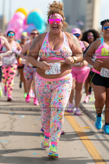 Group of women running in a race, sprinting towards the finish line with determination and focus. Стоковое AI-изображение, AI-художник Данила Большаков / Фотобанк Лори