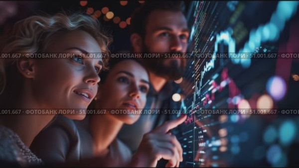 Group of young professionals analyzing data on a touchscreen in a dimly lit office at night. Стоковое AI-видео, аниматор Сергей Толмачёв / Фотобанк Лори