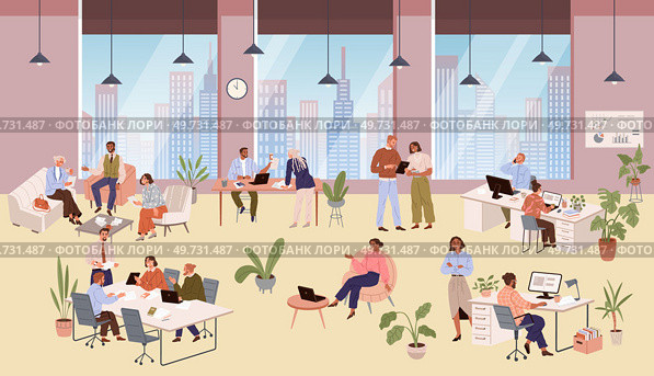 Group office workers work in coworking space. Tables with computers and laptops, have dialogue and communicate at workplace between colleagues. Analyse and develop business strategy, teamwork. Group office workers work in coworking space. Tables with computers and laptops, teamwork. Стоковая иллюстрация, агентство Ingram Publishing / Фотобанк Лори