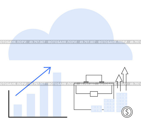 Growth chart with an upward arrow, cloud storage, briefcase, and stacks of coins and arrows to depict financial growth. Ideal for business, cloud computing, finance, data analysis, investment. Growth Chart with Cloud Storage, Briefcase, and Financial Stack Illustrating Business Success. Стоковая иллюстрация, агентство Ingram Publishing / Фотобанк Лори