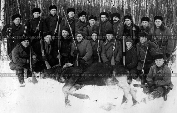 Группа охотников с убитым лосем зимой в лесу. Стоковое фото, фотограф Retro / Фотобанк Лори