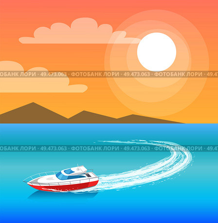 Guarding transport boat in deep ocean, rescue emergency sailboat. Coast guard transportation vehicle sailing in blue water vector on backdrop of mountains. Coast Guard Transportation Vehicle Sails in Water. Стоковая иллюстрация, агентство Ingram Publishing / Фотобанк Лори