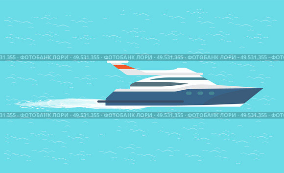 Guarding transport boat in deep ocean, rescue emergency sailboat. Coast guard transportation vehicle sailing in blue water vector illustration isolated. Guarding Transport Boat in Ocean, Rescue Emergency. Стоковая иллюстрация, агентство Ingram Publishing / Фотобанк Лори