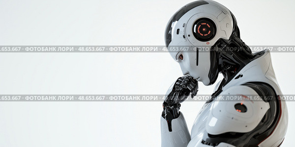 Гуманоидный робот в позе размышления на белом фоне. Стоковое AI-изображение, AI-художник Александр Жуков / Фотобанк Лори