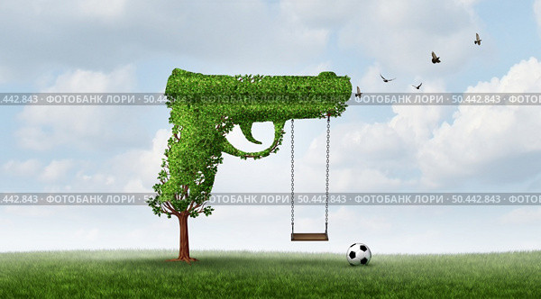 Gun Safety and children or youth crime concept as a tree shaped as a gun with a playground swing representing public safety and firearms student security issues or grief with 3D illustration elements. Стоковое фото, агентство Ingram Publishing / Фотобанк Лори