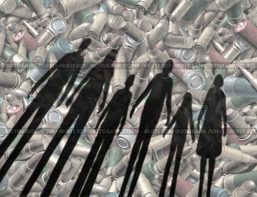Gun violence social issue as the cast shadow of a group of people including children over bullets as a tragic shooting society problem with 3D elements. Стоковое фото, агентство Ingram Publishing / Фотобанк Лори
