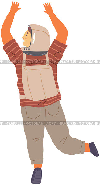 Guy dressed as astronaut at costume party. Outfit for holiday in cosmic style. Guy wearing spacesuit helmet raising hands and dancing. Happy person in costume of space explorer vector illustration. Guy wearing spacesuit helmet raising hands and dancing. Happy boy in costume of space explorer. Стоковая иллюстрация, агентство Ingram Publishing / Фотобанк Лори