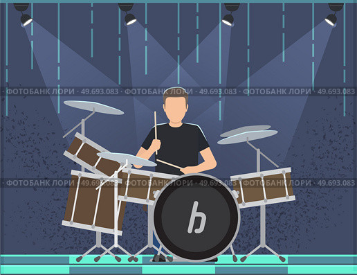 Guy drummer at drum. Brutal man playing with sticks on drums and cymbals flat style design. Talented happy musician, musical show. Musical art concept, member of rock group, music equipment on stage. Guy drummer musician at drum. Brutal man playing with sticks on drums and cymbals, rock music. Стоковая иллюстрация, агентство Ingram Publishing / Фотобанк Лори