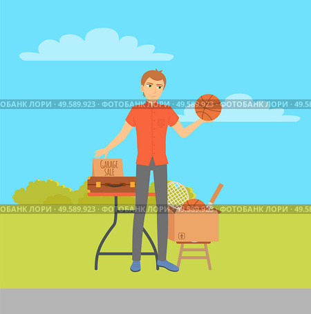 Guy selling old sport items, garage sale at countryside vector. Declutter, basketball and badminton or tennis rackets in cardboard box, briefcase. Garage Sale, Guy Selling Sport Items, Countryside. Стоковая иллюстрация, агентство Ingram Publishing / Фотобанк Лори