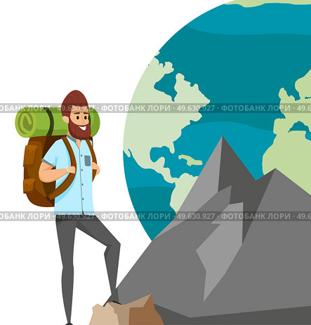 Guy with tourist backpack is climbing mountain. Rock climber on background of planet Earth. Male character with karemat and provisions climbs up rocks to get to goal. World globe vector illustration. Guy with tourist backpack is climbing mountain. Rock climber on background of planet Earth. Стоковая иллюстрация, агентство Ingram Publishing / Фотобанк Лори