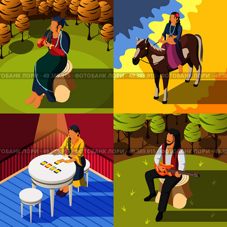 Gypsies 2x2 design concept with female fortune teller guessing on playing cards and guy playing guitar isometric vector illustration. Gypsies Isometric 2x2  Design Concept. Стоковая иллюстрация, агентство Ingram Publishing / Фотобанк Лори