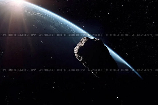 Habitable planet and a large potentially dangerous asteroid in space. Стоковое AI-изображение, AI-художник Данила Большаков / Фотобанк Лори