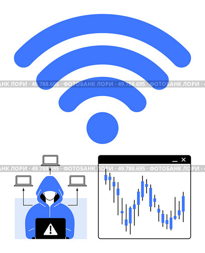 Hacker in hoodie with laptop, wireless signal icon, and financial data graph representing cybersecurity threats and online vulnerabilities. Ideal for tech security, internet safety, finance. Cybersecurity Hacker in Hoodie, wireless Signal, and Financial Data Graph Highlighting Online Vulnerabilities. Стоковая иллюстрация, агентство Ingram Publishing / Фотобанк Лори