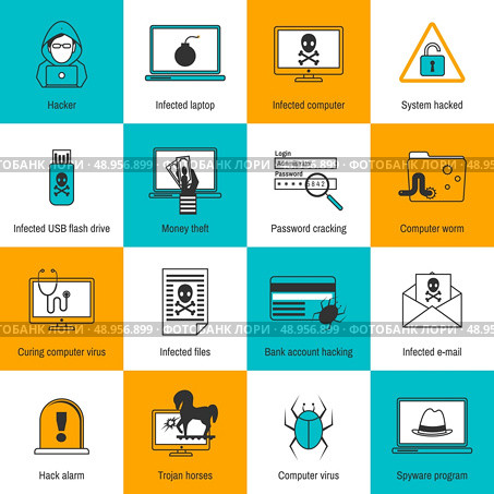 Hacker infected laptop computer and flash drive flat line icons set isolated vector illustration. Стоковая иллюстрация, агентство Ingram Publishing / Фотобанк Лори