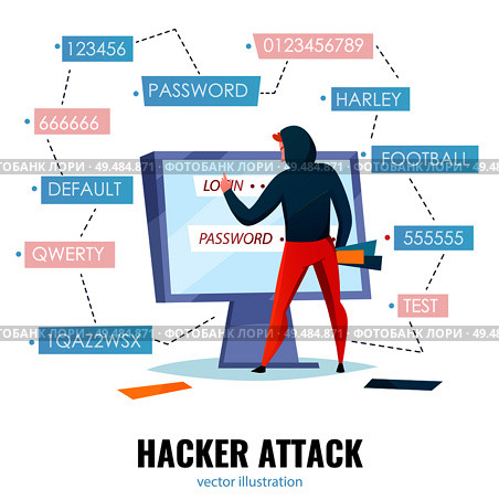 Hacker password composition with hacker attack headline and man makes password guessing vector illustration. Стоковая иллюстрация, агентство Ingram Publishing / Фотобанк Лори