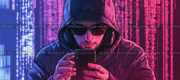 Hacker using smartphone with binary code background committing cybercrime. Стоковое AI-изображение, AI-художник Юрий Поздников / Фотобанк Лори