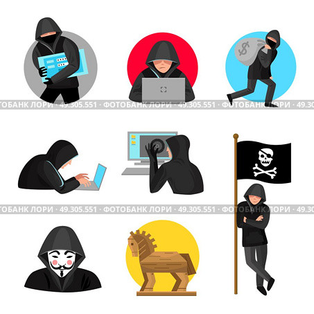 Hackers Characters Symbols Icons Collection . Hackers black hooded figures flat icons collection with trojan horse and jolly roger flag  isolated vector illustration . Стоковая иллюстрация, агентство Ingram Publishing / Фотобанк Лори