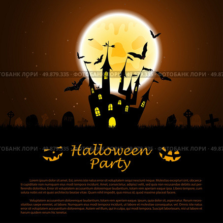Halloween greeting (invitation) card. Elegant design with castle near cemetery, flying bats and moon  over grunge dark brown starry sky background. Vector illustration. Стоковая иллюстрация, агентство Ingram Publishing / Фотобанк Лори