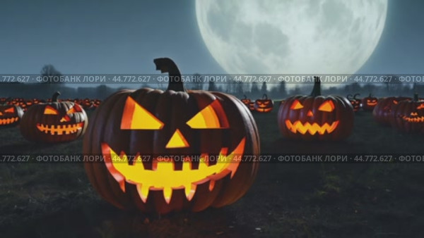 Halloween pumpkins glowing under full moon in field at night. Стоковое AI-видео, аниматор Юрий Поздников / Фотобанк Лори
