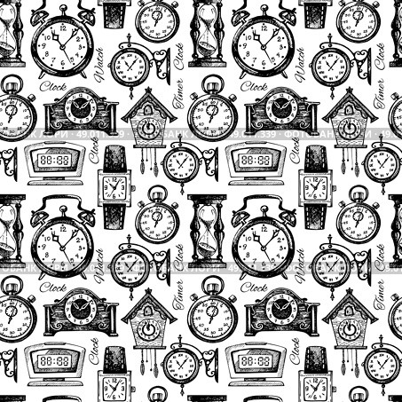 Hand drawn clocks and watches. Vintage hand drawn sketch seamless pattern. Vector illustration. Стоковая иллюстрация, агентство Ingram Publishing / Фотобанк Лори