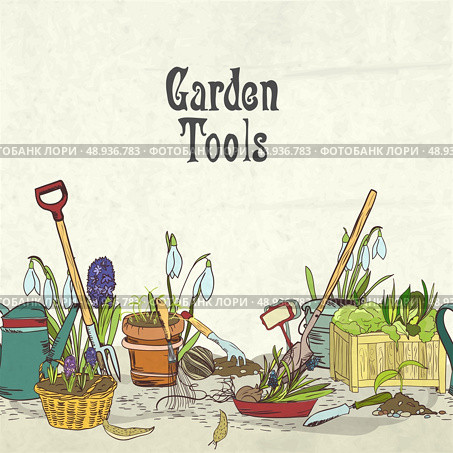 Hand drawn gardening tools album cover border or frame for plants flowers farming and agriculture vector illustration. Стоковая иллюстрация, агентство Ingram Publishing / Фотобанк Лори