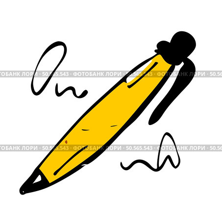 Hand drawn illustration of a yellow pen with a black cap. writing a scribbled line. Perfect for adding a touch of creativity and energy to your designs. Стоковая иллюстрация, агентство Ingram Publishing / Фотобанк Лори