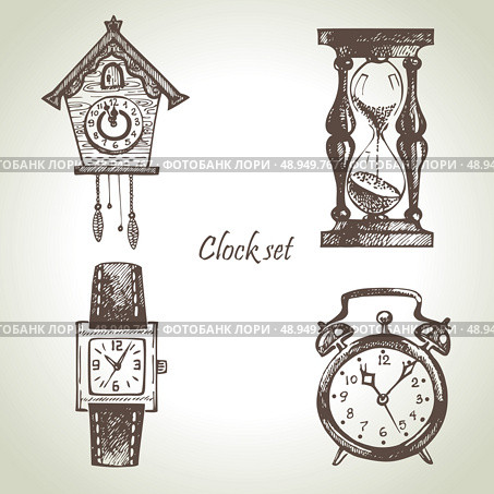 Hand drawn set of clocks and watches . Стоковая иллюстрация, агентство Ingram Publishing / Фотобанк Лори