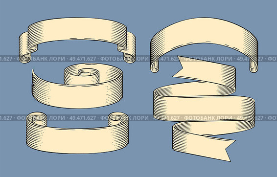 Hand drawn sketch set of decorative ribbon vector icon. Monochrome shaped stripes, curly and scroll, horizontal rolled strings, lineart outline style. Hand drawn sketch set of ribbons vector icon. Стоковая иллюстрация, агентство Ingram Publishing / Фотобанк Лори