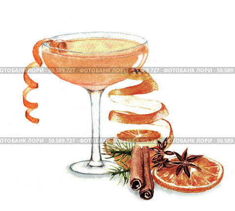 Hand drawn watercolor illustration of summer fresh cocktail and orange decoration. Isolated on the white background. Cocktail watercolor illustration. Стоковое фото, агентство Ingram Publishing / Фотобанк Лори