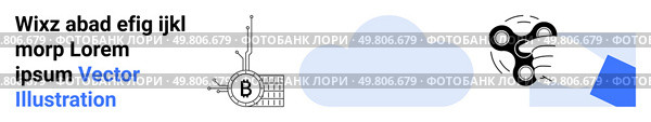 Hand gripping a fidget spinner, a blue cloud shape, and a digital circuit board. Ideal for technology, productivity, relaxation, digital innovation, tech blogs, stress relief, educational content. Hand Holding Fidget Spinner with Cloud and Digital Circuit Elements, Boosting Technological Mood. Стоковая иллюстрация, агентство Ingram Publishing / Фотобанк Лори