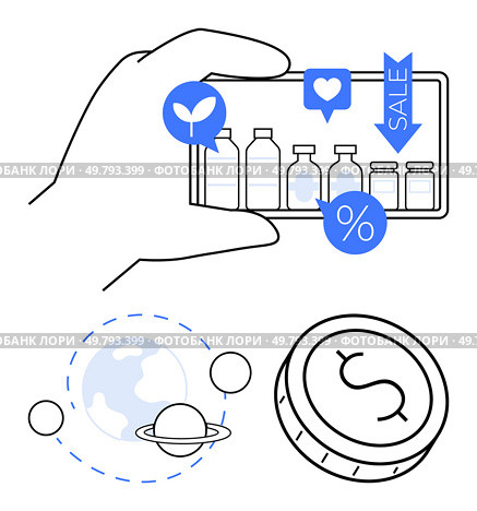 Hand holding a smartphone displaying pharmaceutical products, sale and discount icons. Coin with dollar sign represents savings. Planet and orbits signify global impact. Ideal for e-commerce. Online Shopping for Pharmaceuticals with Global Impact and Financial Savings. Стоковая иллюстрация, агентство Ingram Publishing / Фотобанк Лори