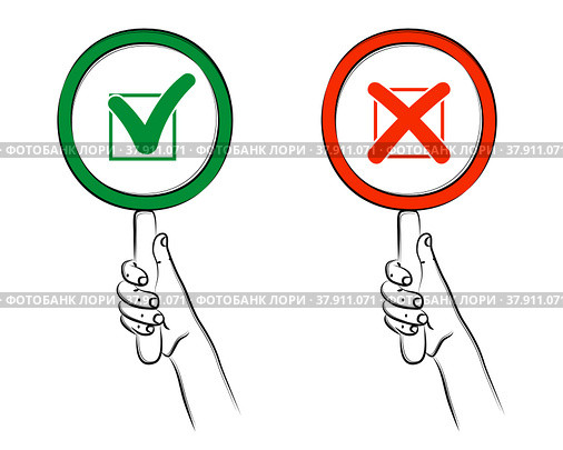 Hand holding round frame or card on handle. Mark X and Mark V. Red Cross sign. Green Tick sign. Yes and No icons for website or application, web banner, poster. Sketch, editable linear contour drawing. Рука держит круглую рамку или карточку на ручке. Знак Красного Креста. Знак Зеленой галочки. Иконки Да и Нет для веб-сайта или приложения, веб-баннера, плаката. Эскиз, редактируемый линейный контурный рисунок. Стоковая иллюстрация, иллюстратор Dmitry Domashenko / Фотобанк Лори