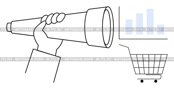 Hand holds a telescope observing bar graph above shopping cart. Ideal for market analysis, economic trends, business forecasting, sales strategy, and data observation. Minimalistic line art style. Identifying Market Trends with Telescope and Shopping Cart Visualization. Стоковая иллюстрация, агентство Ingram Publishing / Фотобанк Лори