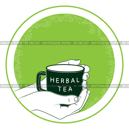 Hand holds mug of herbal tea. Healing herbal teas are used in alternative medicine. Herbal infusions are soothing, help in losing weight, cleansing and remove toxins and strengthen immune system. Рука держит кружку травяного чая. Целебные травяные чаи используются в нетрадиционной медицине. Травяные настои успокаивают, помогают похудеть, очищают и выводят токсины, укрепляют иммунную систему. Стоковая иллюстрация, иллюстратор Dmitry Domashenko / Фотобанк Лори