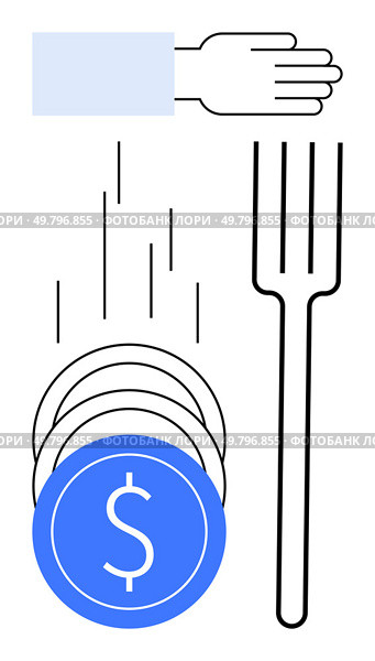 Hand intervenes to stop falling coins with fork, representing economic control, financial management, and crisis prevention. Ideal for finance, economics, business strategies, investments, risk. Business Hand Stopping Falling Coins with Fork, Preventing Financial Loss and Economic Crisis. Стоковая иллюстрация, агентство Ingram Publishing / Фотобанк Лори