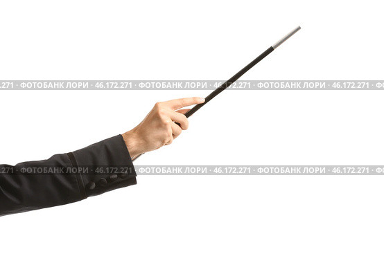Hand of illusionist with magic wand on white background. Стоковое фото, фотограф Pixel_shot / Фотобанк Лори