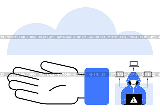 Hand open toward cloud beside hacker in blue hoodie networked with laptops. Ideal for cyber security, data protection, cloud services, technology, internet safety, threat prevention, online privacy. Hand Offering Cloud Security Against Hacker Threat Representing Cyber Protection in Digital Era. Стоковая иллюстрация, агентство Ingram Publishing / Фотобанк Лори
