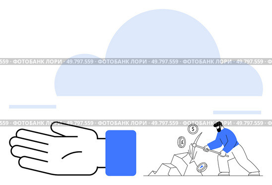 Hand under cloud receiving effort from miner striking coins, notes, and tools. Ideal for themes of effort, reward, investment, teamwork, success hard work and diligence. Line metaphor. Hand Receiving Efforts by Miner for Monetary and Social Rewards Under Cloud. Стоковая иллюстрация, агентство Ingram Publishing / Фотобанк Лори