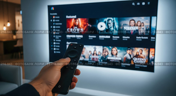 Hand with remote control in front of wall mounted smart TV with led backlighting, person choosing movie on streaming service in modern home theater. Стоковое AI-изображение, AI-художник Павел Муравьев / Фотобанк Лори