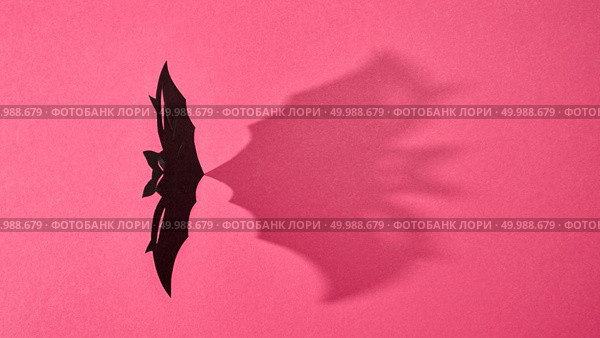 Handcraft paper bat on a red background with shadow and copy space for text. Mystic Halloween layout. Flat lay. Paper flying handcraft bat presented on a red background with a pattern of shadows and space for text. Halloween. Flat lay. Стоковое фото, агентство Ingram Publishing / Фотобанк Лори