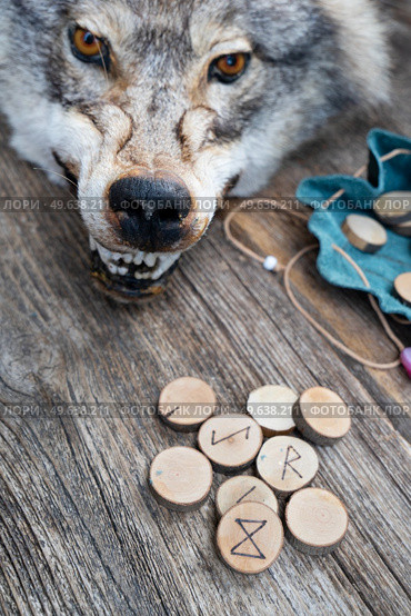 Handmade runes for fortunetelling with wolf head close up. Handmade runes for fortunetelling. Стоковое фото, агентство Ingram Publishing / Фотобанк Лори