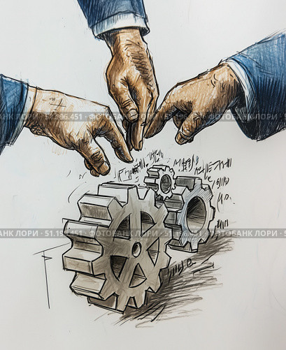 Hands and Gears Cooperation. Стоковое AI-изображение, AI-художник Павлов Максим / Фотобанк Лори