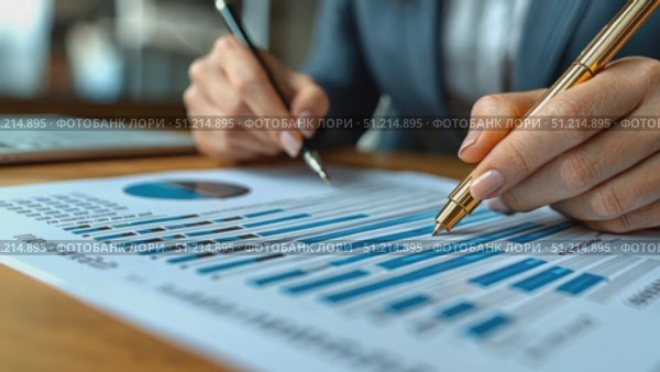 Hands are focused on analyzing statistical data and insights while preparing detailed financial reports and visual representations at a desk. Стоковое AI-видео, аниматор Данила Большаков / Фотобанк Лори