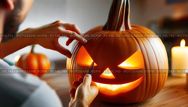 Hands carving glowing jack-o-lantern pumpkin by candlelight for Halloween, capturing creativity, tradition, spooky atmosphere, and autumn holiday preparations. Стоковое AI-изображение, AI-художник Igor Tichonow / Фотобанк Лори