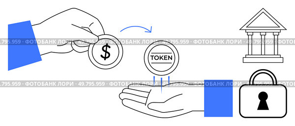 Hands exchanging a dollar coin for a token bank building and padlock icons. Ideal for finance, banking, digital currency, transactions, security, investments, fintech. Line metaphor. Hand swapping dollar coin for token with banking and security icons symbolizing financial transactions. Стоковая иллюстрация, агентство Ingram Publishing / Фотобанк Лори