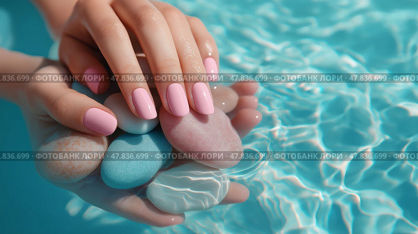 Hands holding colorful stones in a clear blue pool water. Руки с розовым маникюром держат разноцветные камни в прозрачной голубой воде бассейна. Стоковое AI-изображение, AI-художник Katsiaryna Repich / Фотобанк Лори