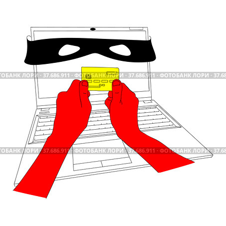 Hands holding plastic bank card in front of laptop screen. Spyware on hacked computer steals user's personal data. Cyber security concept. Theft of money from bank card. Sketch, linear drawing. Руки держат пластиковую банковскую карту перед экраном ноутбука. Шпионские программы на взломанном компьютере крадут личные данные пользователя. Концепция кибербезопасности. Кража денег с банковской карты. Эскиз, линейный рисунок. Стоковая иллюстрация, иллюстратор Dmitry Domashenko / Фотобанк Лори